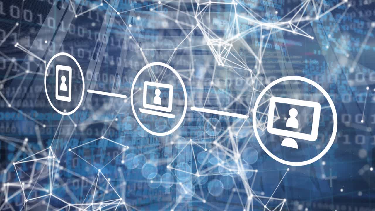 Animation of tech icons over connections, binary code and servers