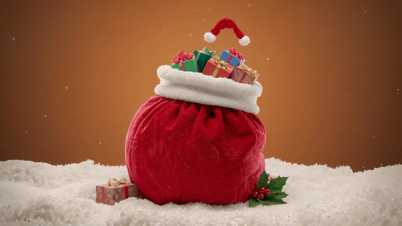 Câmera se movendo, saco de veludo vermelho saltando na neve do estúdio, revelando a textura com presentes e azevinho