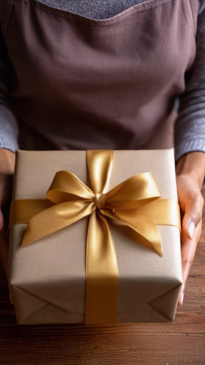 Una scatola regalo splendidamente incartata, adornata con un lussuoso nastro dorato, tenuta tra le mani, che simboleggia celebrazione, gioia e l'attesa di dare o ricevere