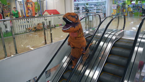 person in dinosaur costume on escalator in a shopping mall