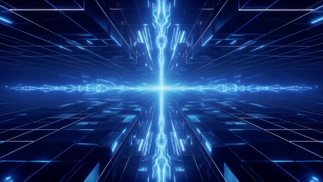 Abstract Digital Tunnel with Glowing Blue Geometric Structures and Light Rays