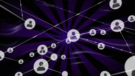 Animación-De-Una-Red-De-Iconos-De-Usuarios-Conectados-Sobre-Un-Fondo-Radial-Morado