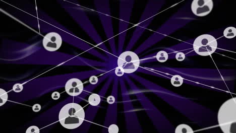 animación de la red de iconos de usuarios conectados sobre un fondo radial púrpura