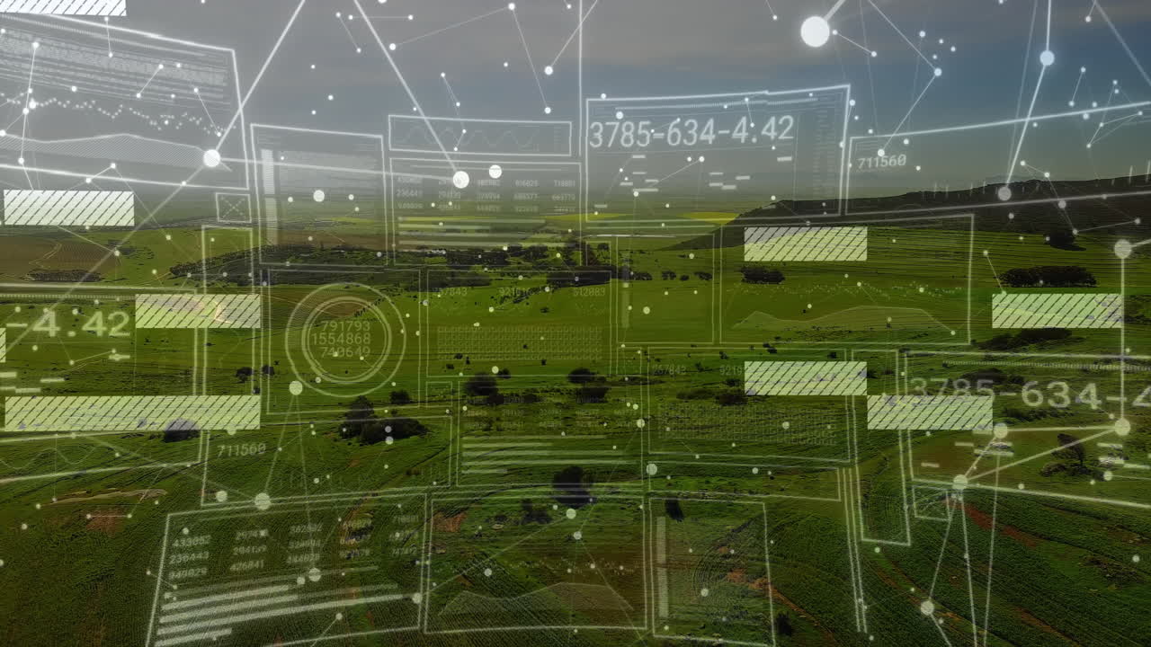 Digital network overlay floating above green farmland displaying nodes, lines, data panels