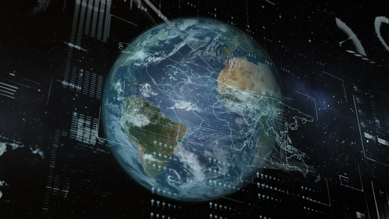 Digital interface with data processing against spot of light and globe rotating in space