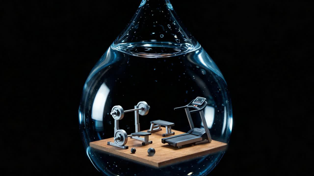 A Creative Representation of Fitness Equipment Encased in a Water Droplet, Symbolizing the Intersection of Health and Nature with Treadmill and Weights Inside