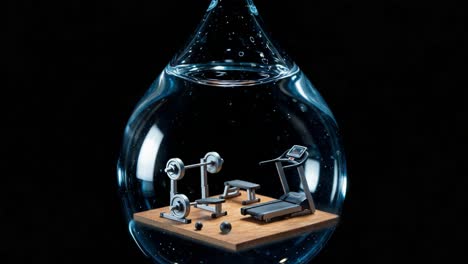 a creative representation of fitness equipment encased in a water droplet, symbolizing the intersection of health and nature with treadmill and weights inside