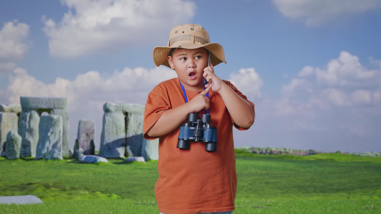 Asian Boy With A Hat And Binoculars Talking On Smartphone While Traveling In Stonehenge. Boy Researcher Examines Something, Travel Tourism Adventure Concept
