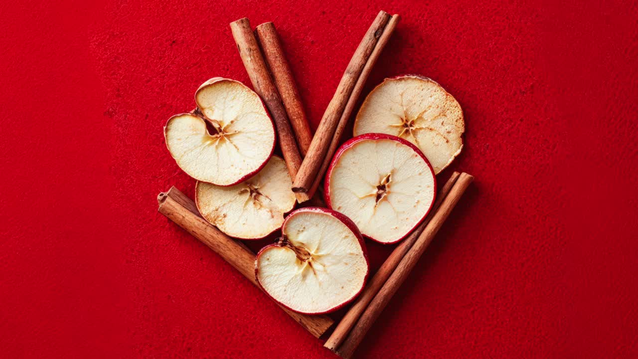 은 바탕에 건조한 사과 조각과 간장 막대기