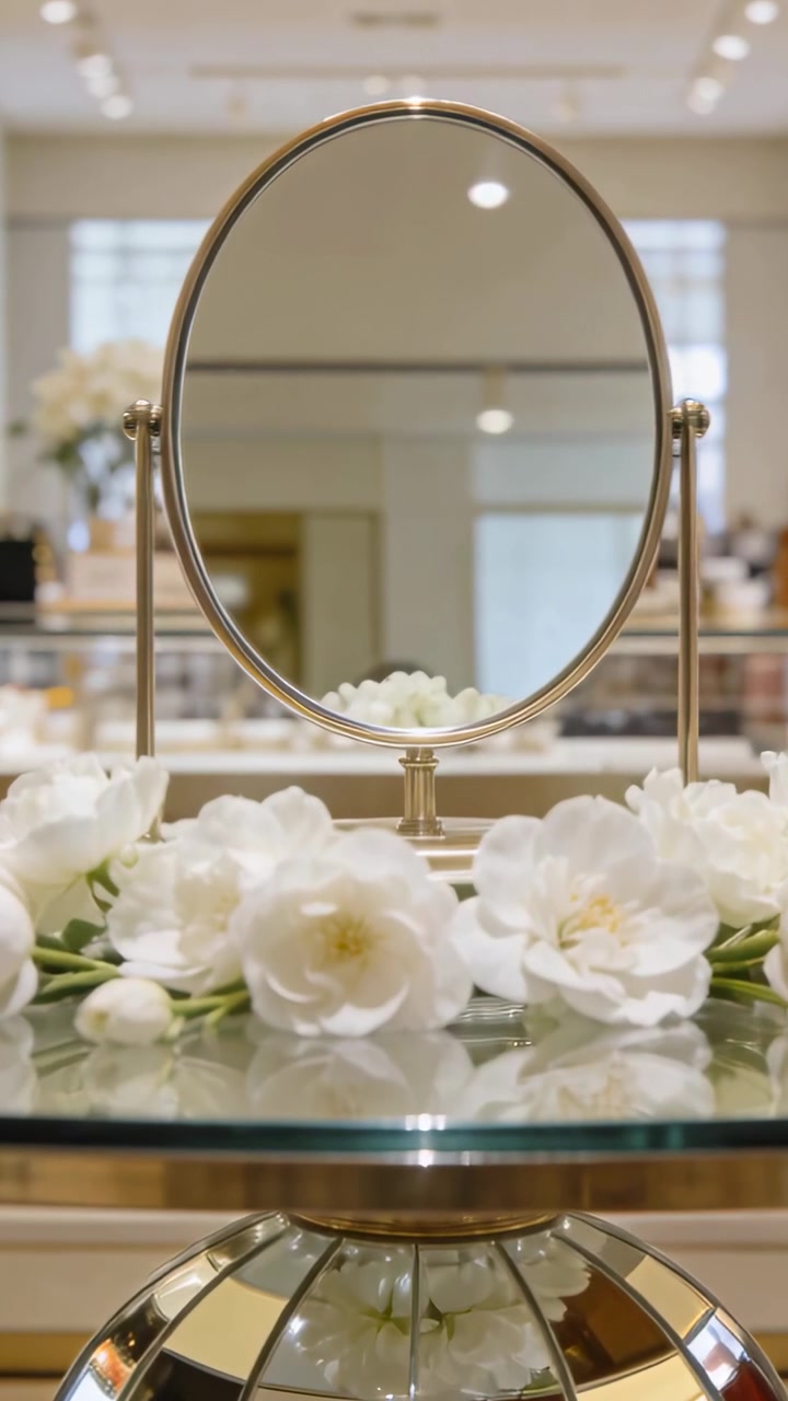 Vertical video: Reflecting head entering store, gold oval mirror on shelf holding white flowers