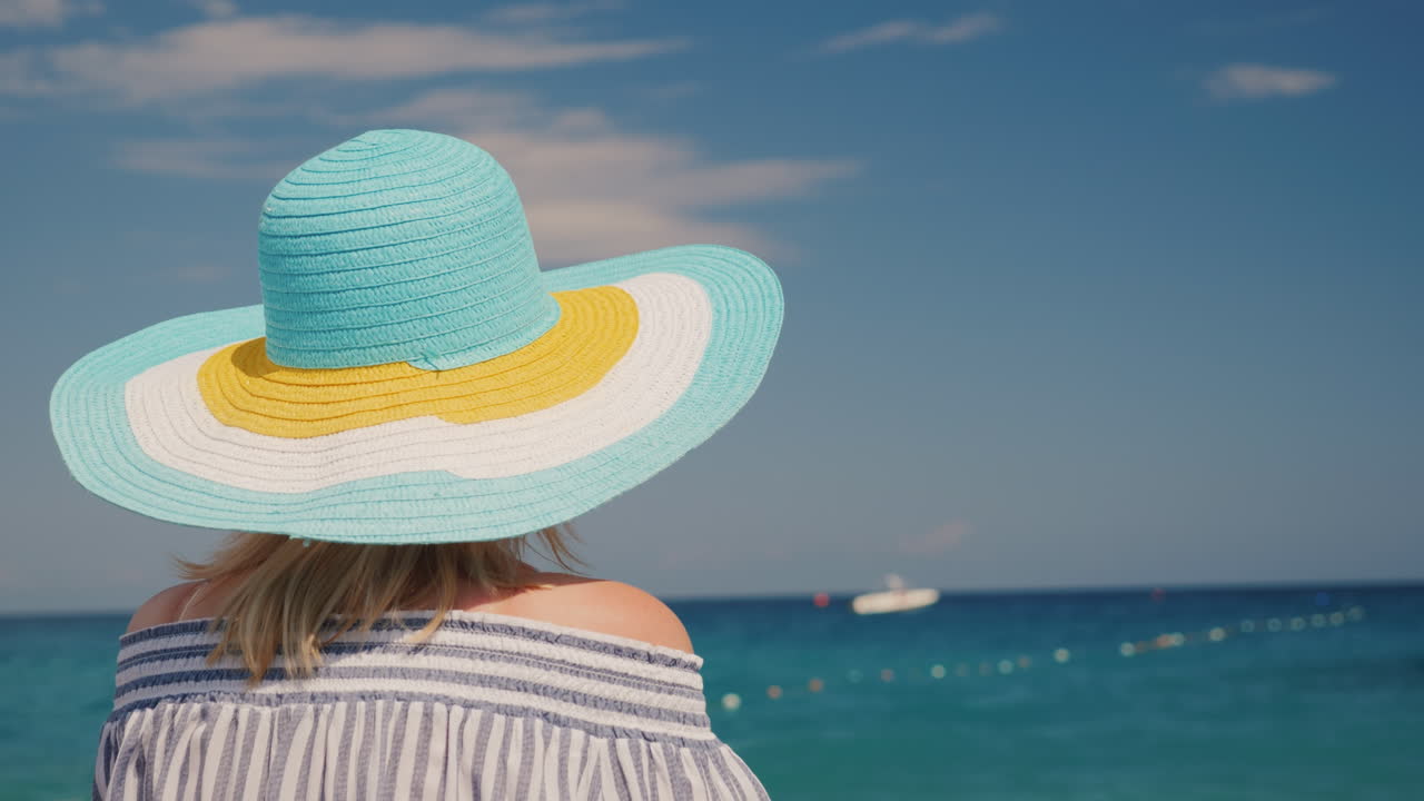 모자를 쓴 한 여성이 푸른 바다 꿈의 휴가 개념 후면을 바라본다