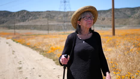 an aging woman smiling and walking down a dirt road in the summer heat with orange flowers in the field slow motion