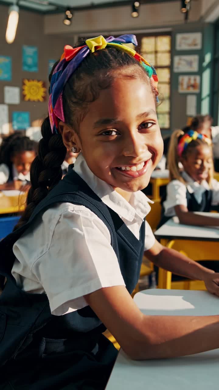 A vibrant classroom scene with a smiling girl in focus, captured in a warm, close-up angle