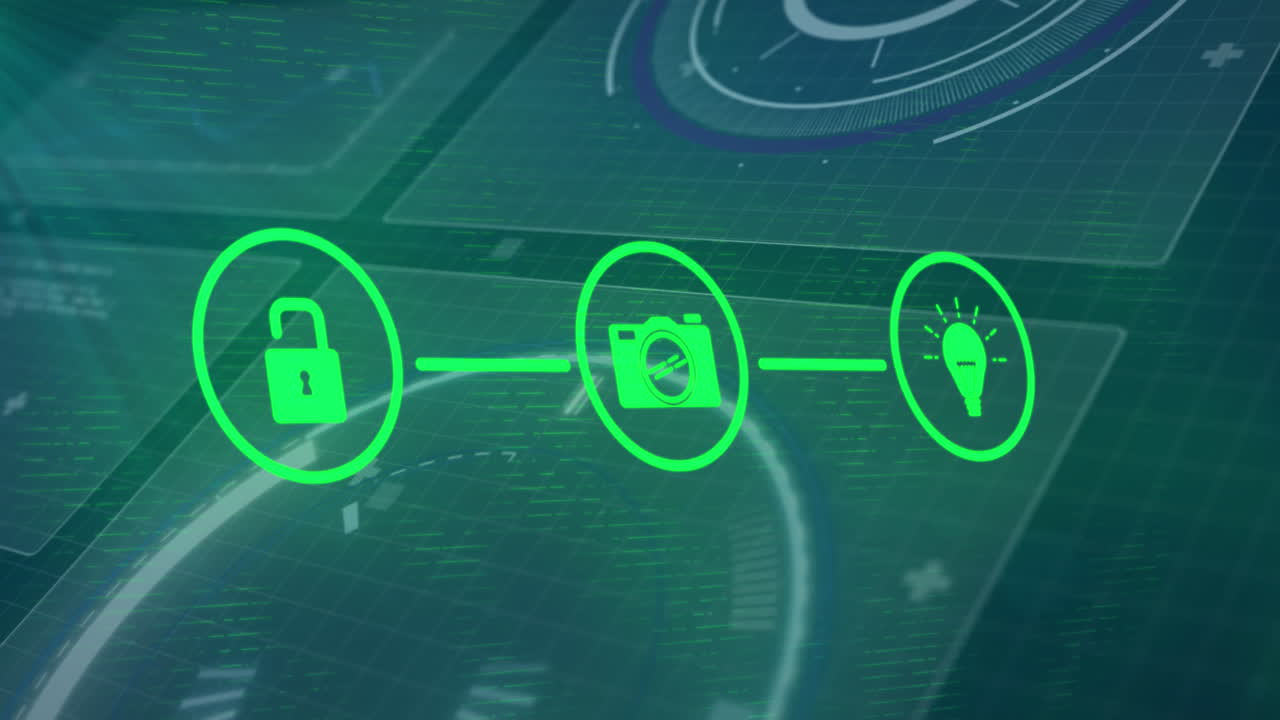 Animation of network of digital icons and interface with data processing against blue background