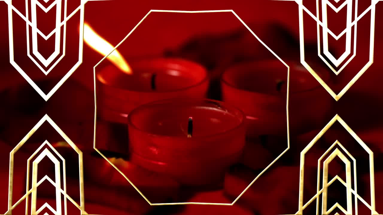animación de formas geométricas doradas cambiantes enmarcando velas rojas