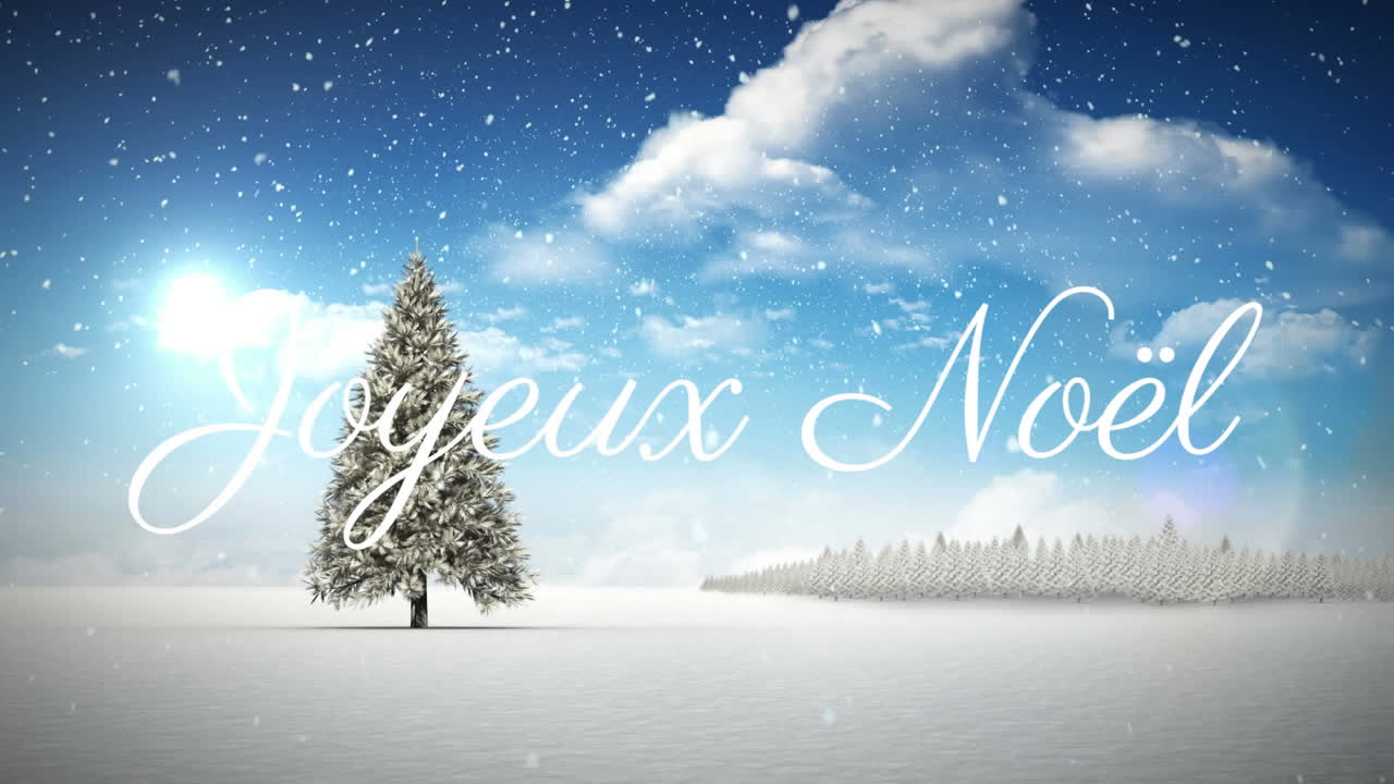 animación del texto de joyeux noel sobre el árbol de navidad y la nieve cayendo sobre el paisaje de invierno