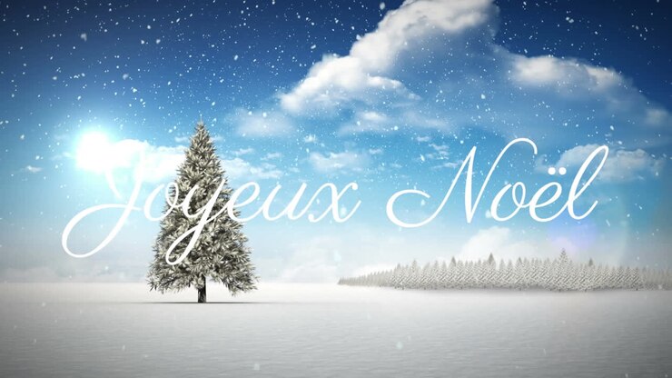 Animation du texte Joyeux Noël sur un sapin de Noël et de la neige qui tombe sur un paysage hivernal
