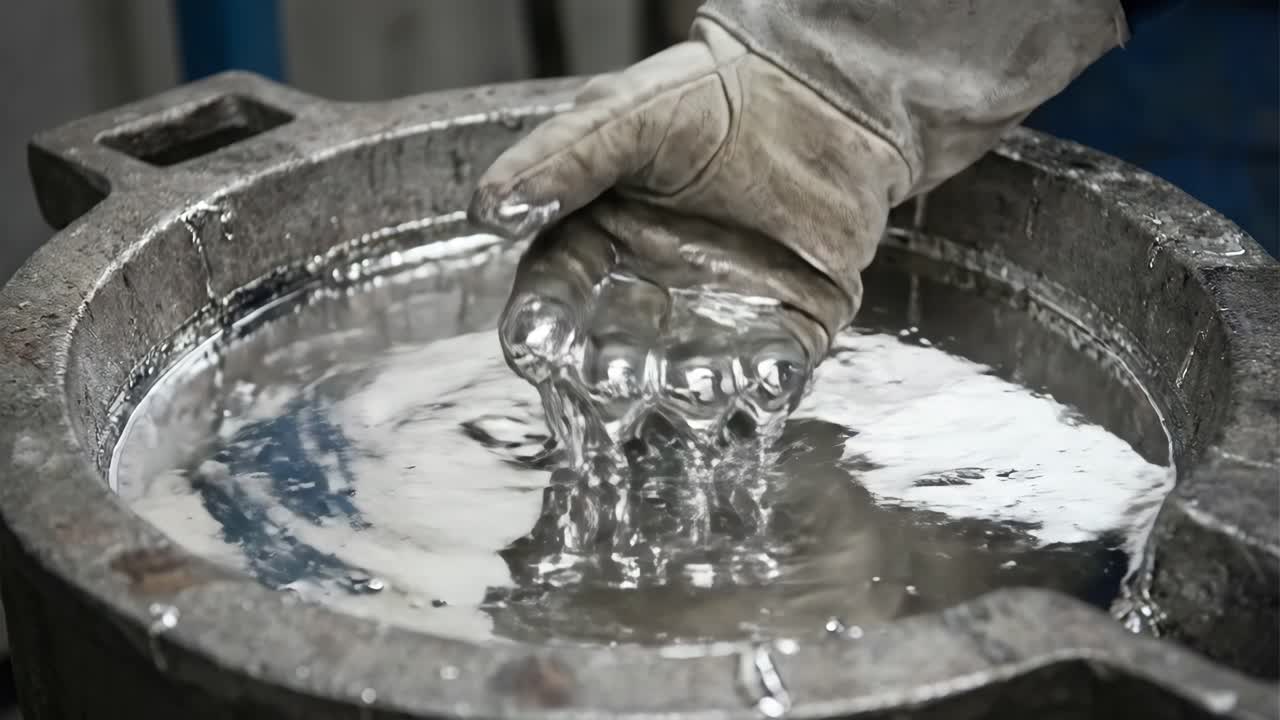 Mano con guanto immersa in metallo fuso in un ambiente industriale