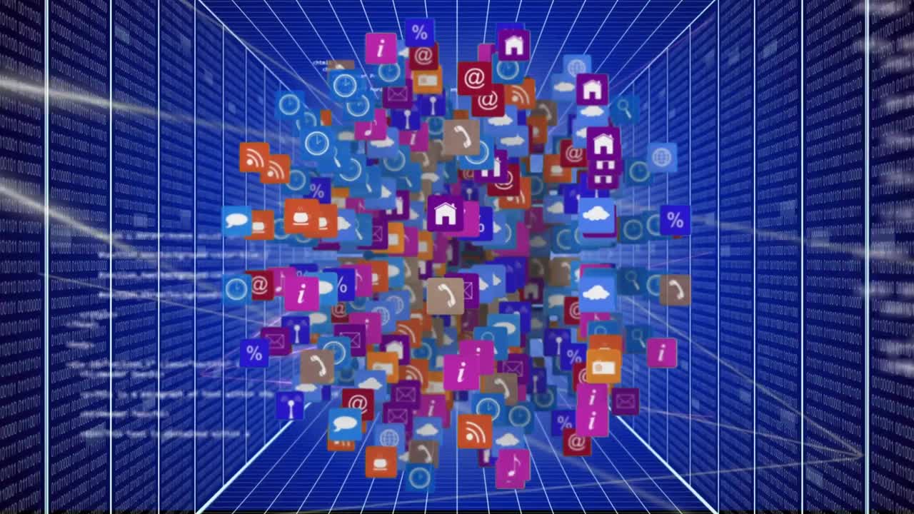 animación del globo con iconos y procesamiento de datos a través de una red de conexiones