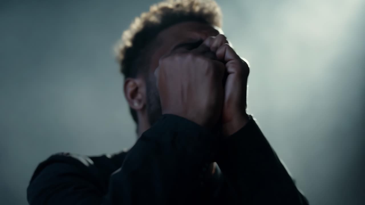 Man in Distress with Hands Covering Face