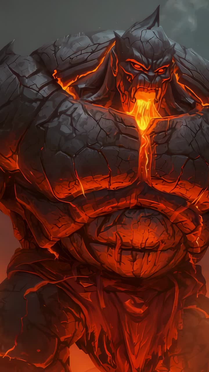 Vertical video: Standing lava golem glowing with molten veins and dripping lava in volcanic haze