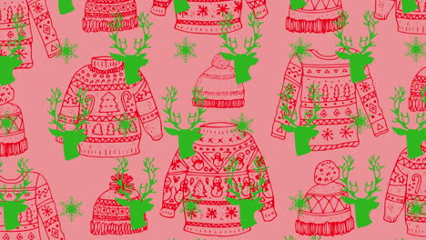 animación de renos de navidad y jumpers patrón sobre fondo rosa