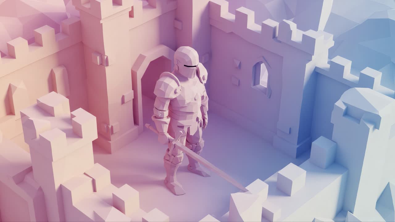 A Stylized Knight in Armor Stands Inside a Geometric Castle, Surrounded by Intricate Walls and Structures, Creating a Unique Fantasy Environment with Soft Lighting