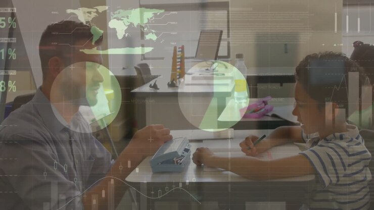 Animation of multicolored infographic interface, diverse male teacher talking with boy in classroom