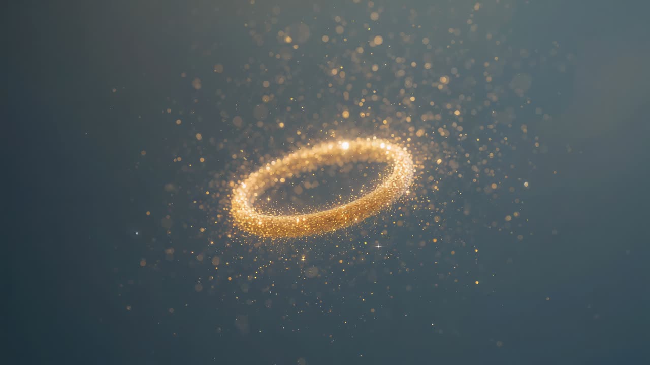 Appearing luminous golden haloed particle ring rotating and emitting sparkles on blue-gray backdrop