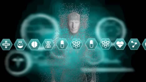 animación digital de múltiples iconos médicos sobre el modelo del cuerpo humano contra un fondo verde