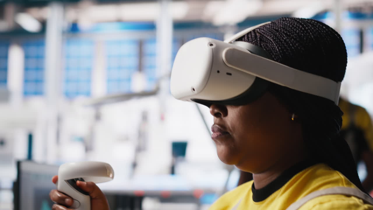 Vertical Video Black engineer in photovoltaics factory uses virtual reality equipment