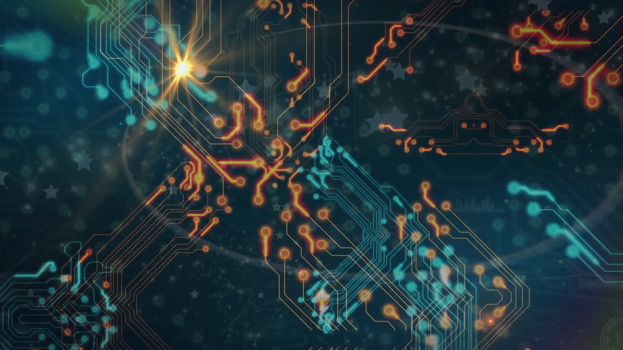 파란색 배경에 빛나는 점과 반 ⁇ 이는 마이크로프로세서 연결의 애니메이션