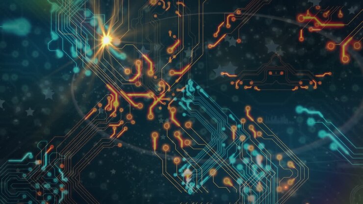 Animation of light spot and glowing microprocessor connections against blue background