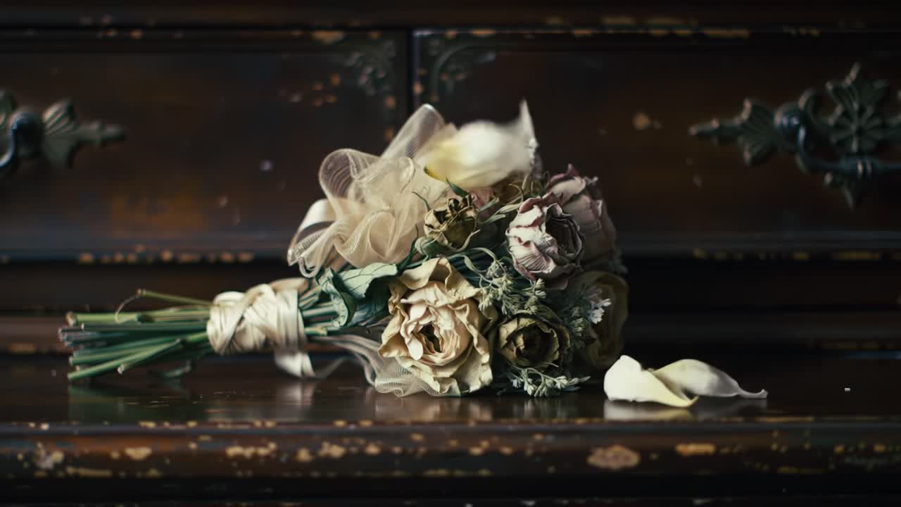 A stunning bouquet of dried flowers is placed elegantly on an antique wooden table. The arrangement features a mix of textures and colors, creating an inviting and warm atmosphere.