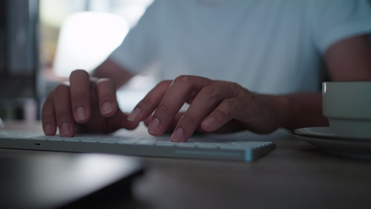 close up hands working overtime typing research laptop office desk at night