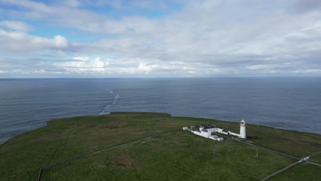 Loophead-Leuchtturm-Auf-Einer-Klippe-Mit-Grasbewachsenem-Gelände-Mit-Blick-Auf-Einen-Ruhigen-Ozean,-Bewölkter-Himmel,-Luftaufnahme