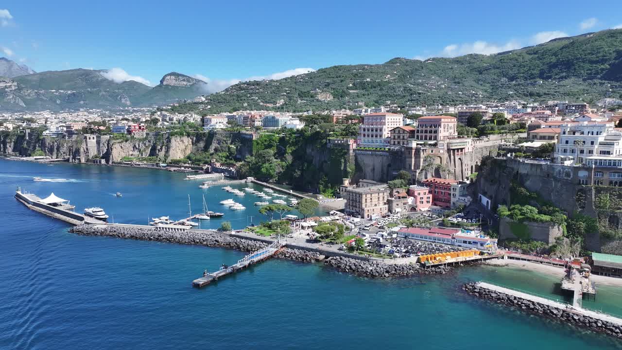 Sorrento Beach At Sorrento In Naples Italy. Coastal City. Waterfront Landscape. Sorrento Beach At Naples Italy. Beach Scenery. Medieval Buildings. Sorrento Skyline. Amalfi Coast.