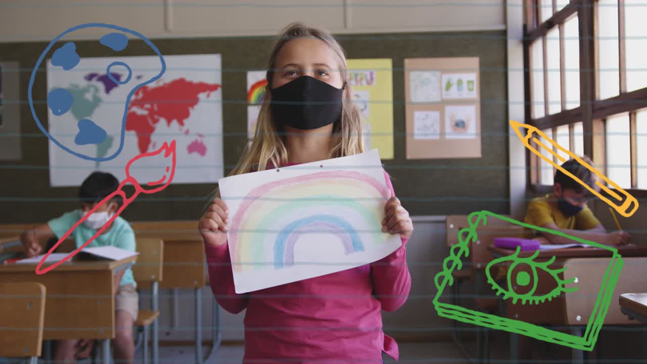 학교 아이템의 애니메이션 아이콘이 얼굴 마스크를 쓰고 있는 여학생을 가로질러 움직입니다.