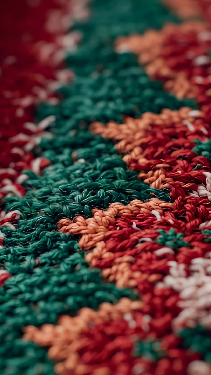 Vertical video: Panning camera across multicolored rug on start, shifting focus revealing pattern