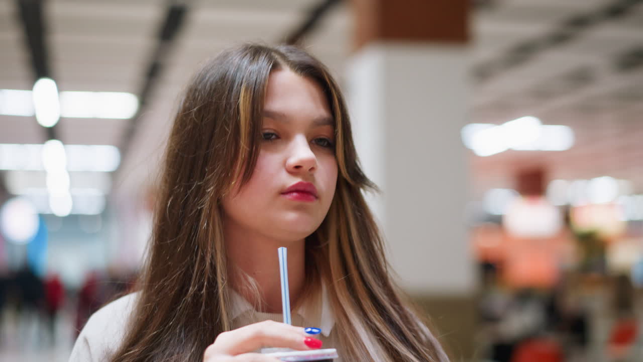 Close up of elegant young lady with long hair walking through indoor cafe section, sipping her drink while maintaining calm expression, blurred modern background