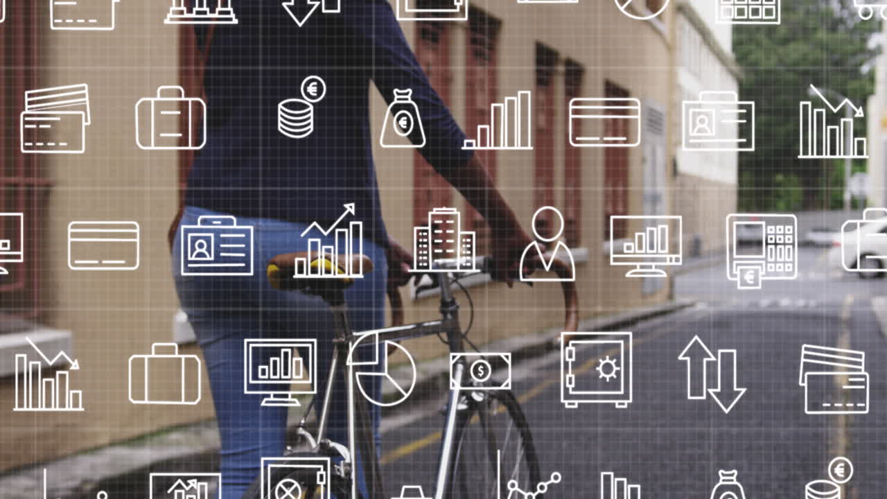 animación de iconos digitales sobre mujer biracial con bicicleta en la ciudad