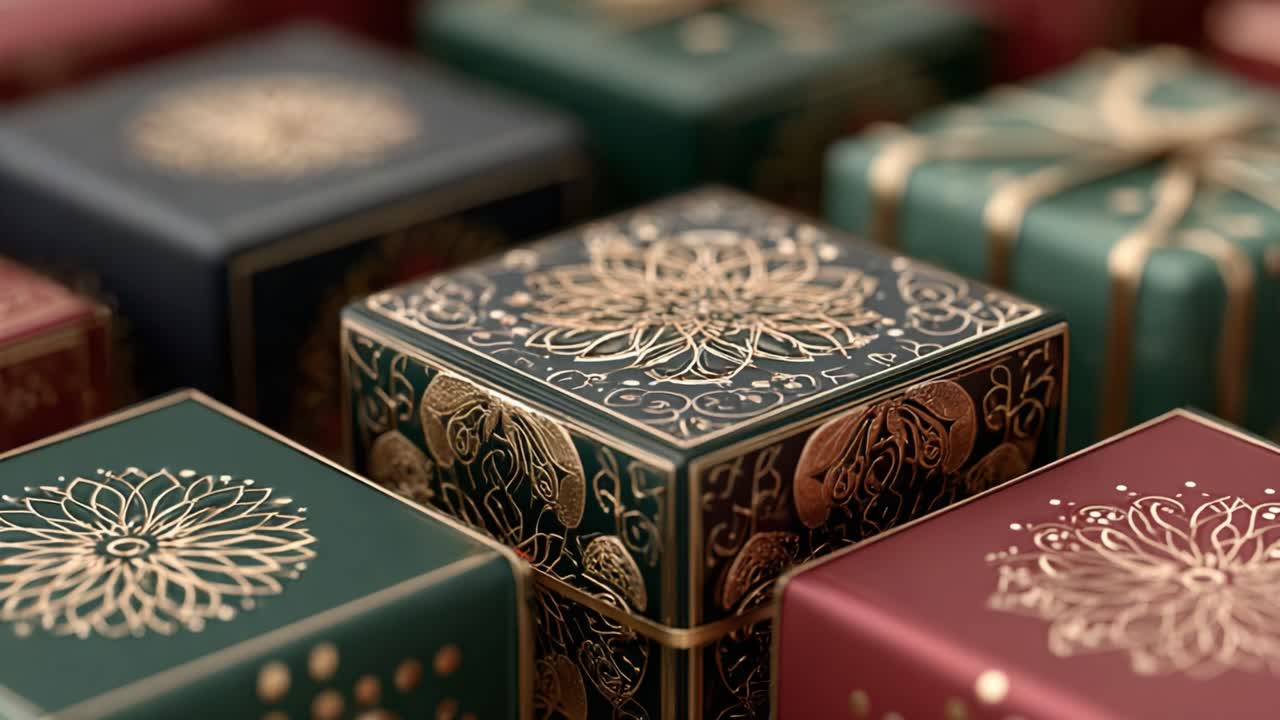 An Elegant Display of Decorative Gift Boxes: A Close-Up Perspective on Intricately Designed Packages in Rich Colors with Floral Motifs and Gold Detailing
