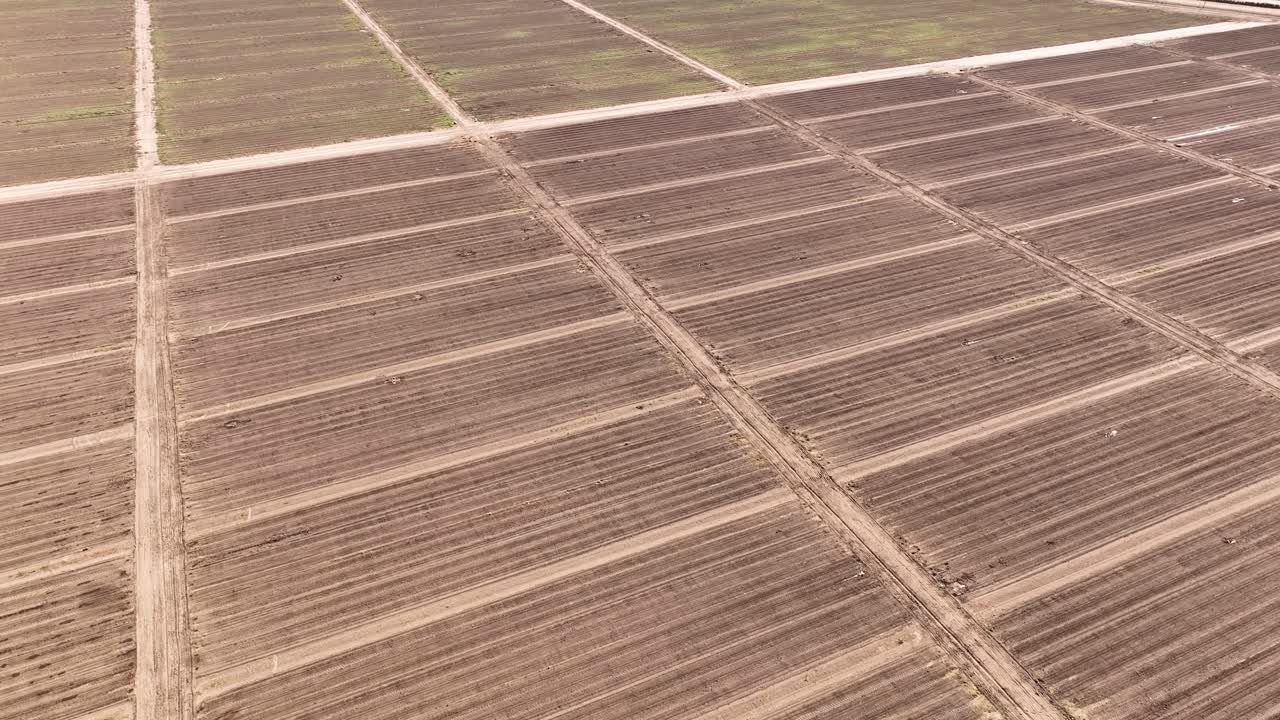 video aéreo de drones volando sobre campos sembrados con coches en la toma