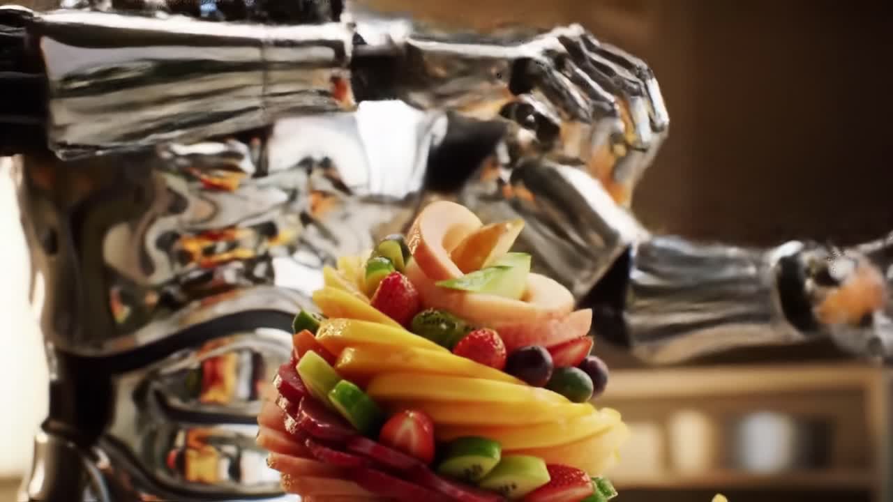 A Futuristic Robot Artist Skillfully Assembles a Beautiful Tower of Fresh Fruit, Showcasing Precision and Creativity with Each Piece in an Innovative Culinary Display