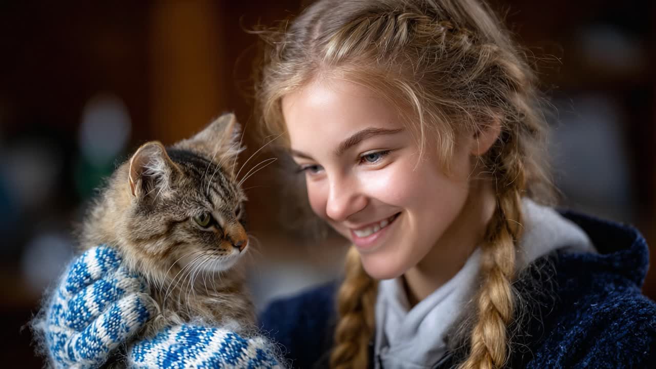 A Joyful Connection: A Young Girl with Braided Hair Smiling at Her Adorable Kitten, Capturing the Warmth of Friendship and Playfulness in a Cozy Setting