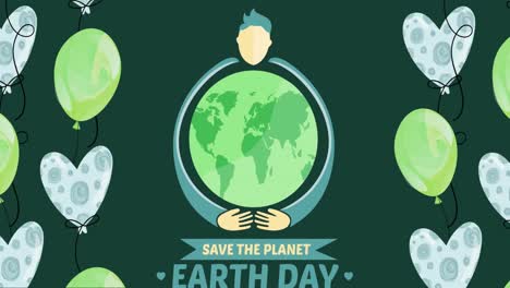 Animation-of-globe-in-hands,-save-the-planet-and-balloons-on-green-background