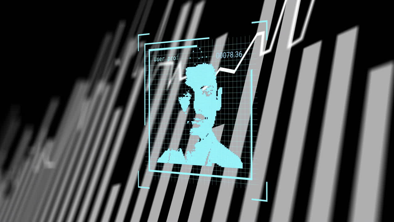 Digital face recognition animation over abstract black and white striped background