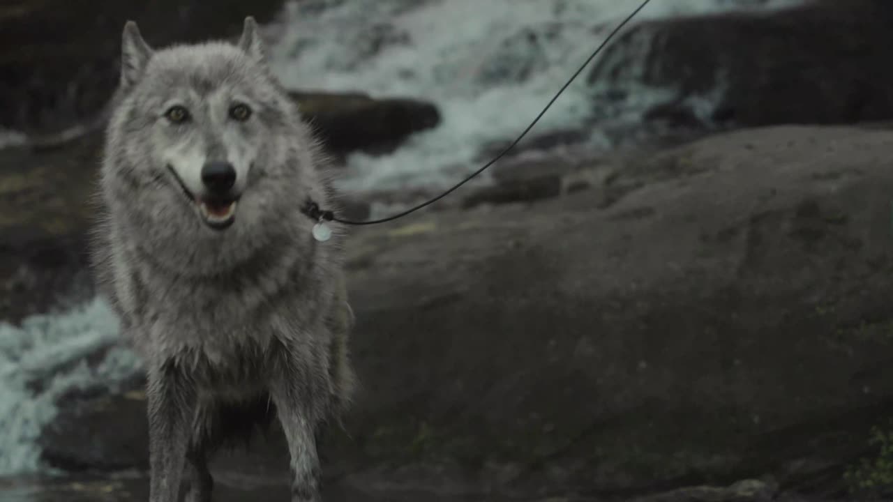 A motion-blurred wolf vigorously shakes water from its fur near a rushing waterfall, capturing the raw energy and unpredictability of nature in motion.