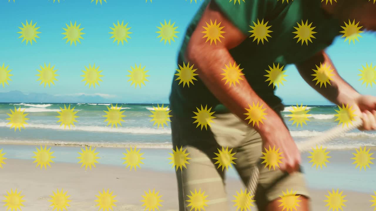 Animazione di icone del sole su una felice famiglia caucasica che gioca in spiaggia
