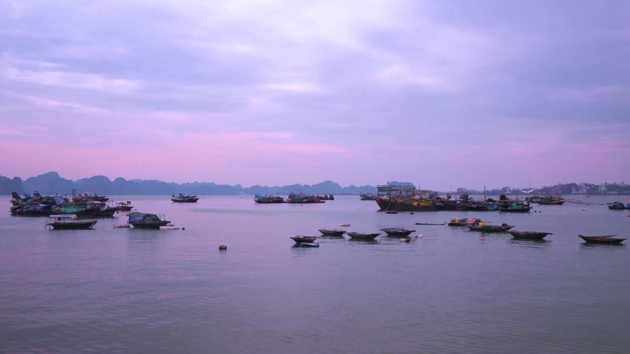 Many Vietnamese traditional fishing trawlers moored serenely against the backdrop of limestone karsts during a purple sunset in Vietnam